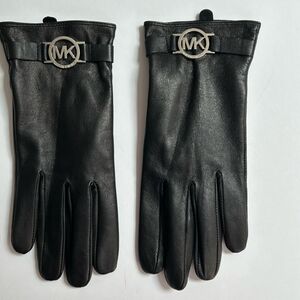 NWT Michael Kors Black Leather Gloves Gold Logo Size Large